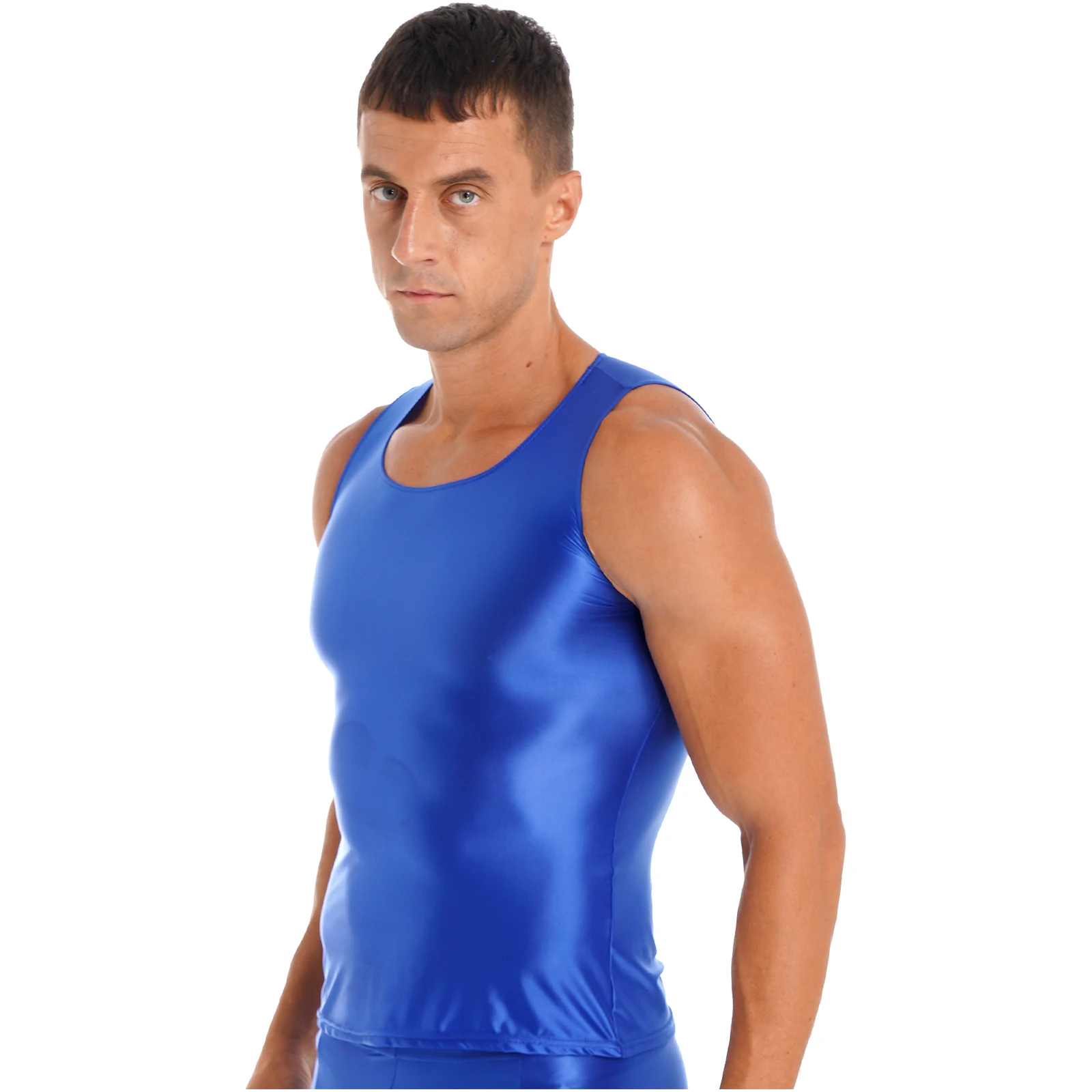 Mens Glossy Tank Tops Sexy Oil Shiny Slim Fit Vest Sleeveless Tshirts Crop Top Fitness Gym Sport Shirts Swimwear Swimsuit