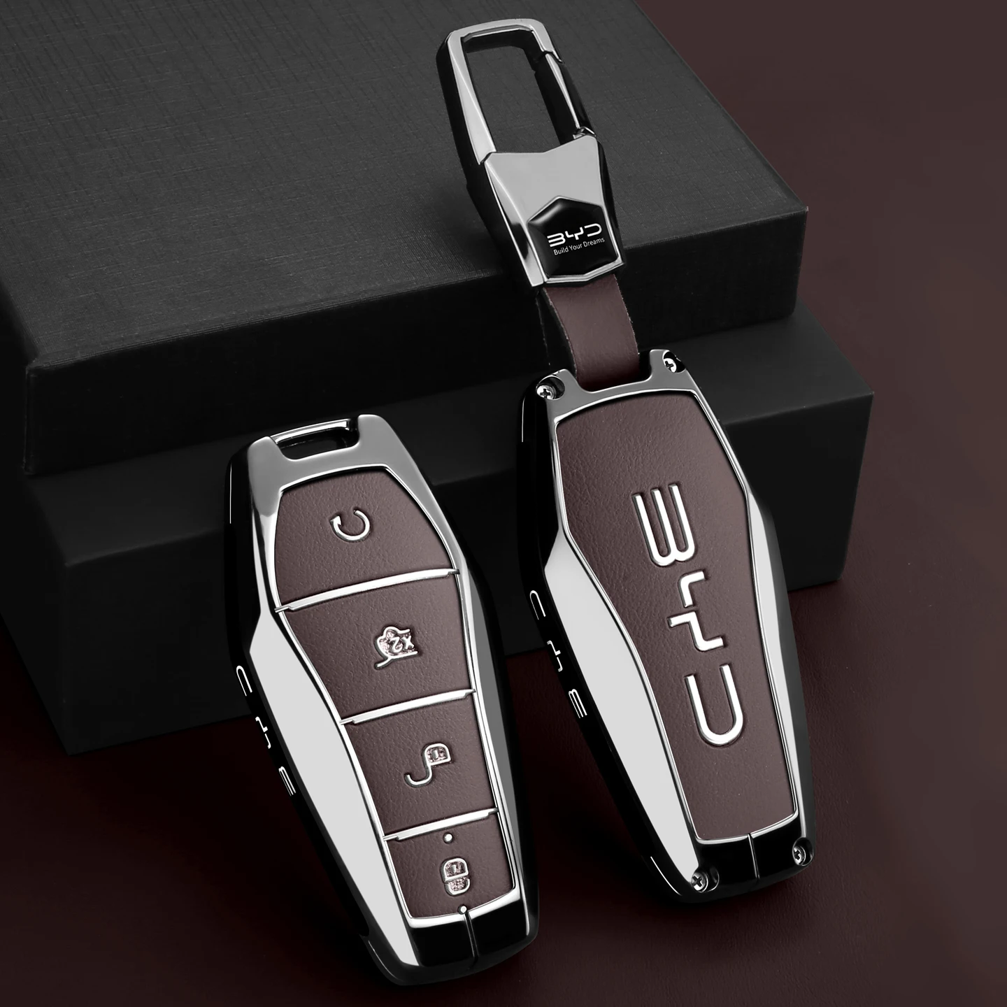 Car Zinc Alloy Leather Key Case Cover For BYD Song Plus Atto Han EV Tang DM Qin Seal Dolphin Key Bag Pouch Wallet Accessories