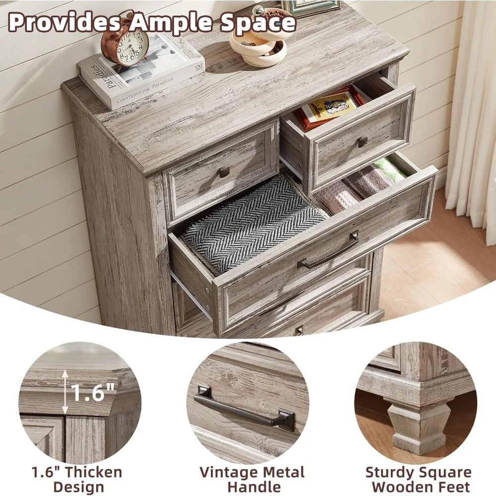 ヴィンテージ45 高さ6段引き出し付きファームハウススタイル木製ドレッサー（寝室用、角脚付き）