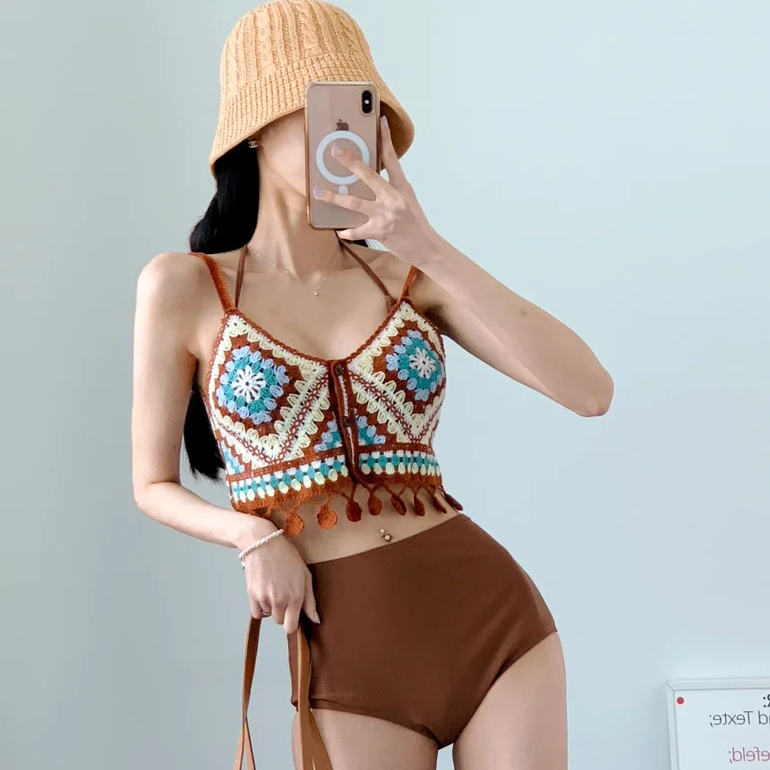 

2026 New Bikini Set Women's Knitted e High Waist Separate Swee Thermal Spring Bathing Suit Polyester Material roun...