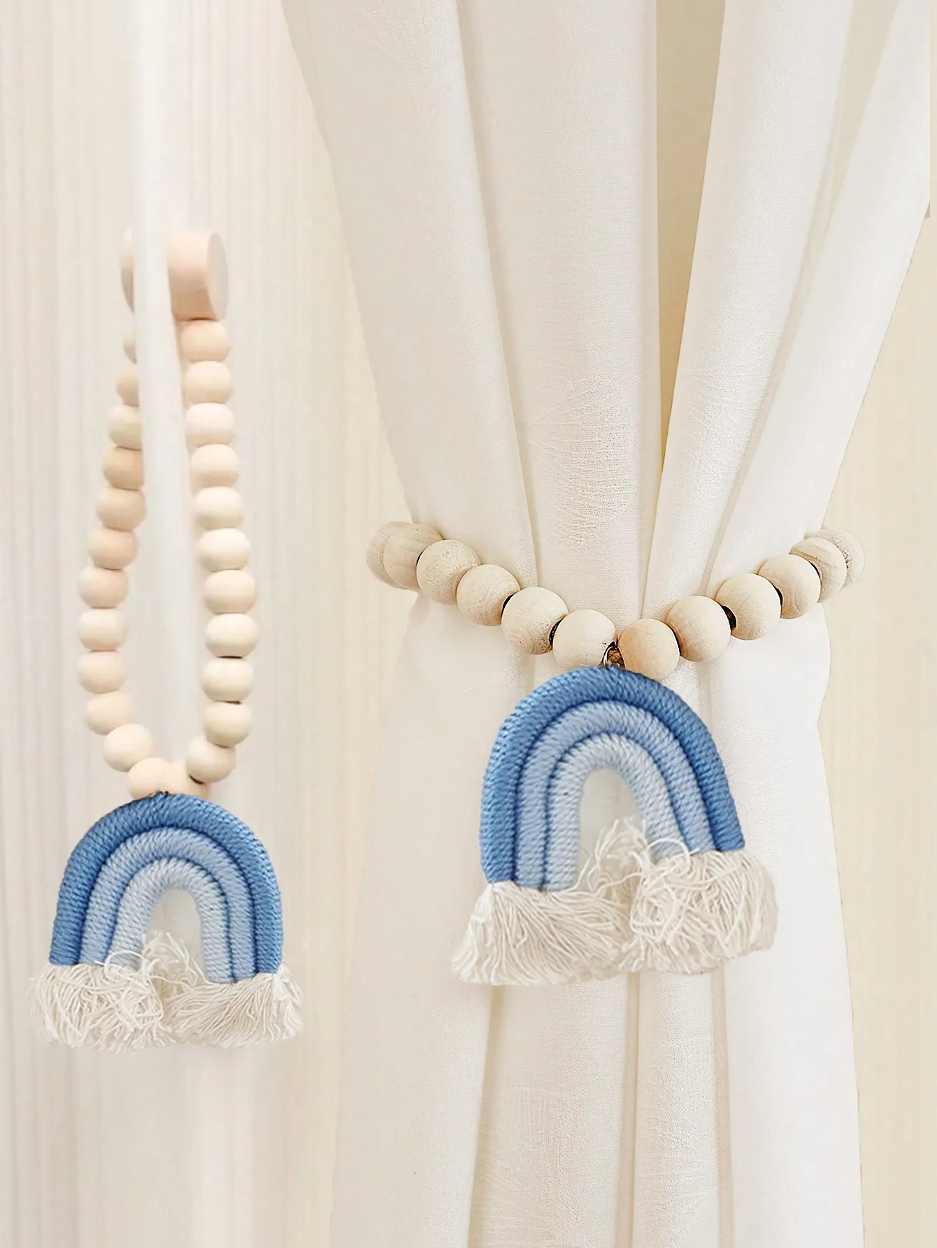 2 ชิ้นไม้ลูกปัดผ้าม่าน Tiebacks,พู่ผ้าม่านหัวเข็มขัดแม่เหล็กผ้าม่านหัวเข็มขัด,สายรุ้งพู่ผ้าม่าน Tiebacks สีชมพู