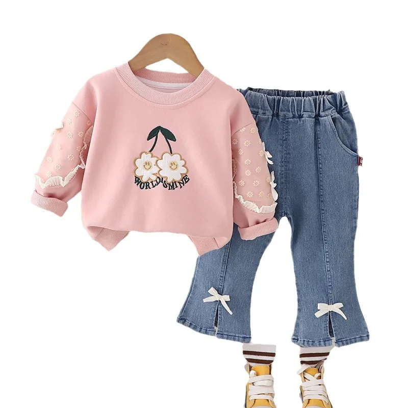 Autumn Kids Girls 2PCS Clothes Set Embroidery Flowet Knotbow Sweatshirts Stretch Jeans Suit Toddler Baby Girls Outfits