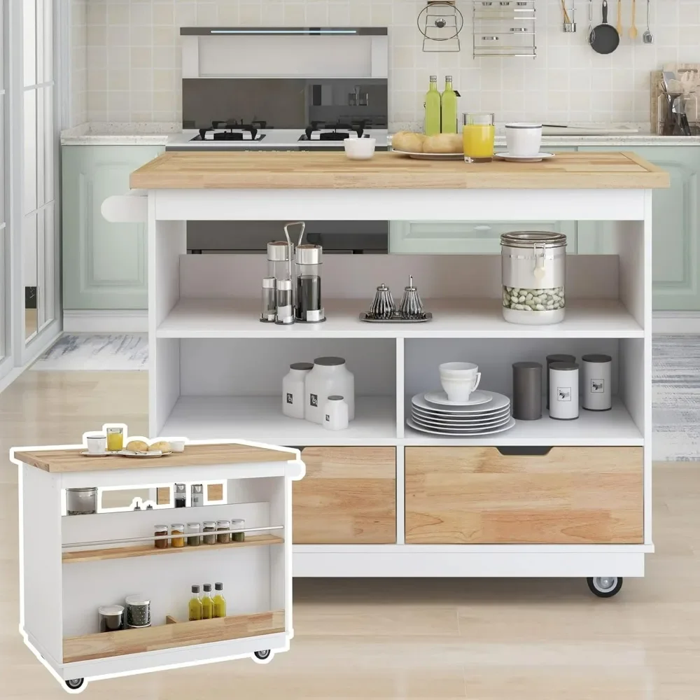 Kitchen Island Cart on Wheels with Drawers, Two-Sided Kitchen Island with Storage Wood Top, Wine Rack, Kitchen Cart Trolley Cart