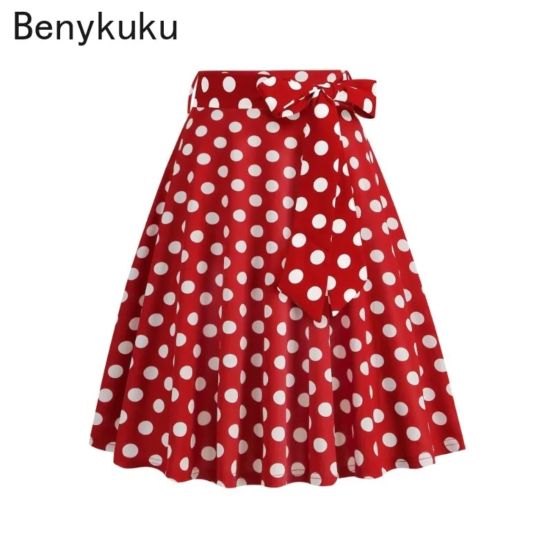 Red High Waist Polka Dot Print Belted Flare Swing Skirt for Women 2024 Summer New in Rockabilly Pinup Vintage Clothes Korean