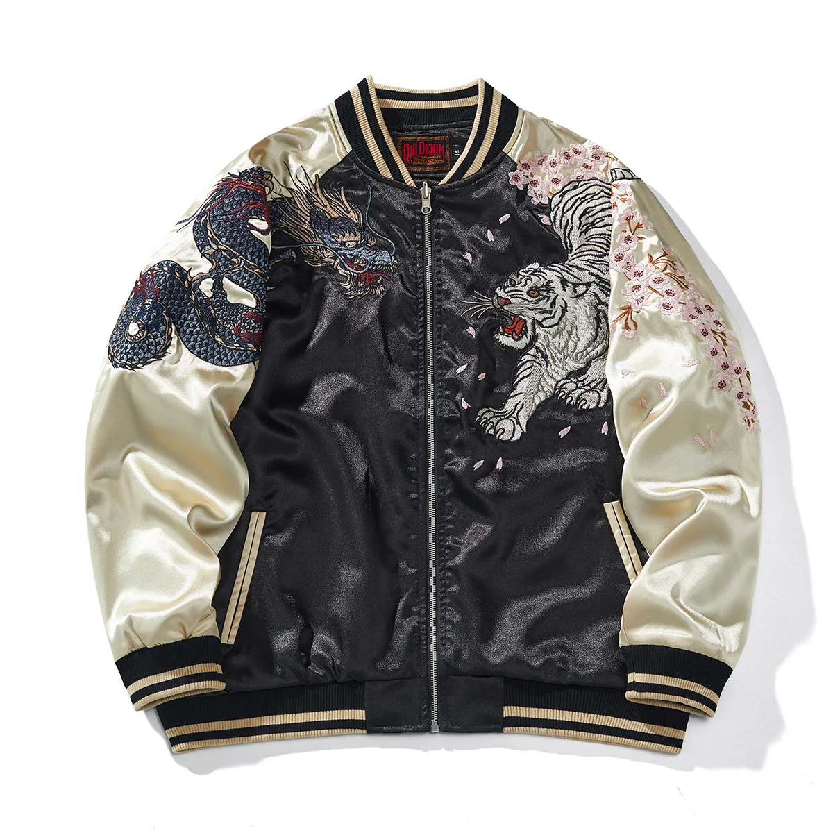 Luxury Satin Embroidered Baseball Sukajan Jacket for Men, Spring Coat, Long Sleeve, Tiger Dragon Design Plus Size To 4XL, D004A1