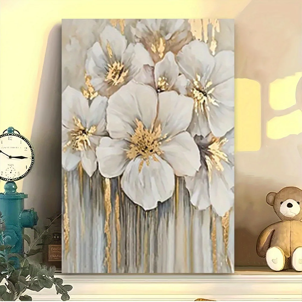 (No frame)2D Flat, 1pc Golden Blooms Modern Floral Wall Sculpture with Metallic Highlights - Golden Frame Suitable for Home,
