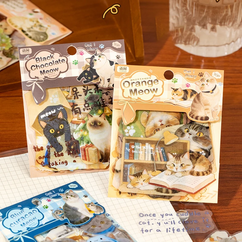 2 Bags Cat Diary Sticker Pack, Journal Scrapbooking Supplies, Cute Healing Aesthetic Multi-Use Stationery Gift