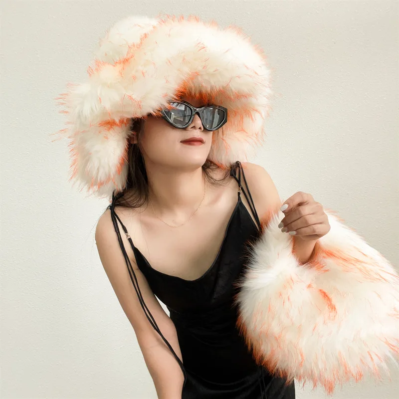 

Cross-border New Foreign Trade Thickened Imitation Raccoon Fur Basin Hat Warm Ball Bag Suit Imitation Fur Hat Bag Sets