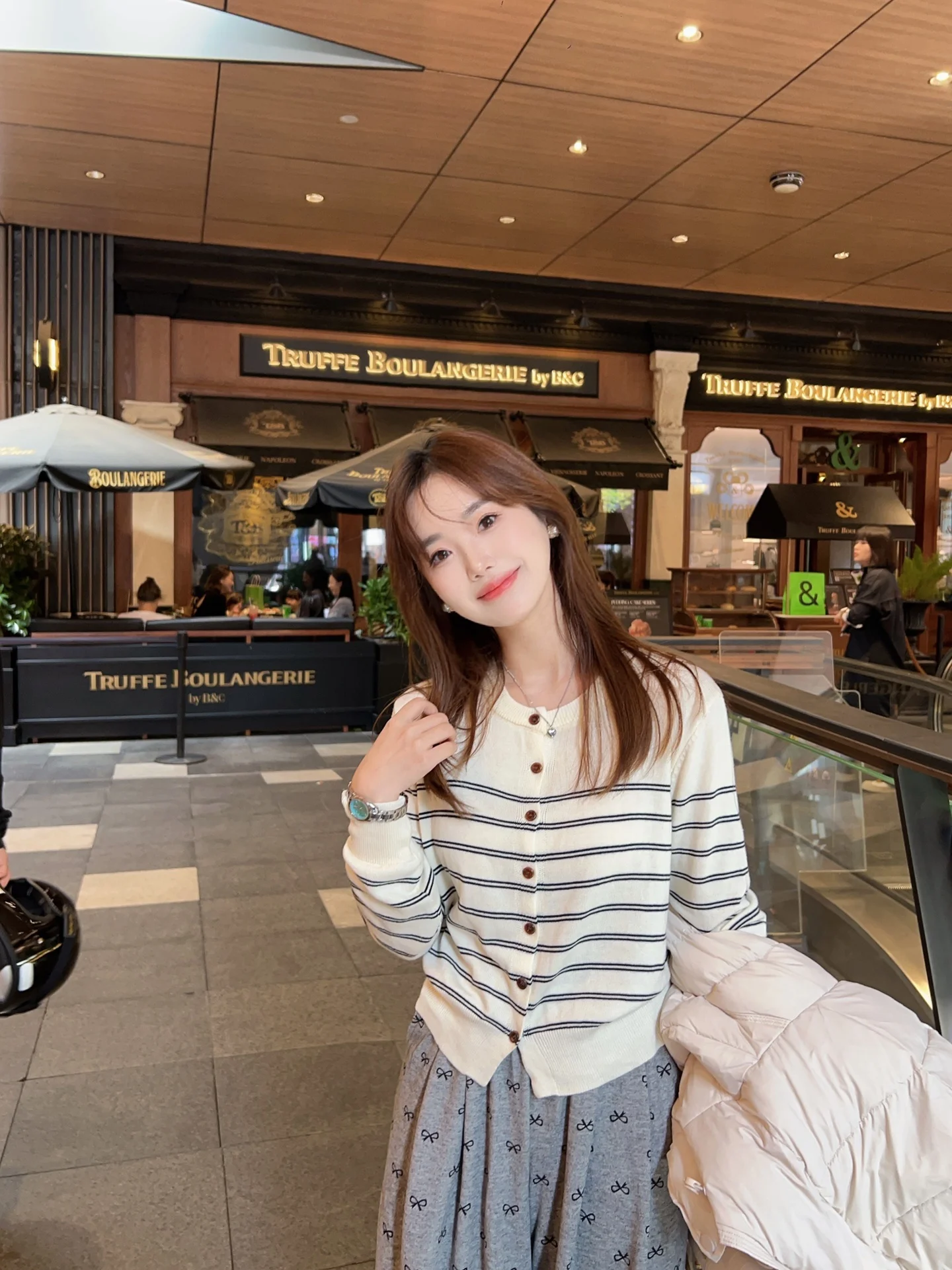 

Soft Woolen Striped Knitted Cardigan Small Size Winter New Sle Base Layer Sweater for Women round Ne Long Sve Button up