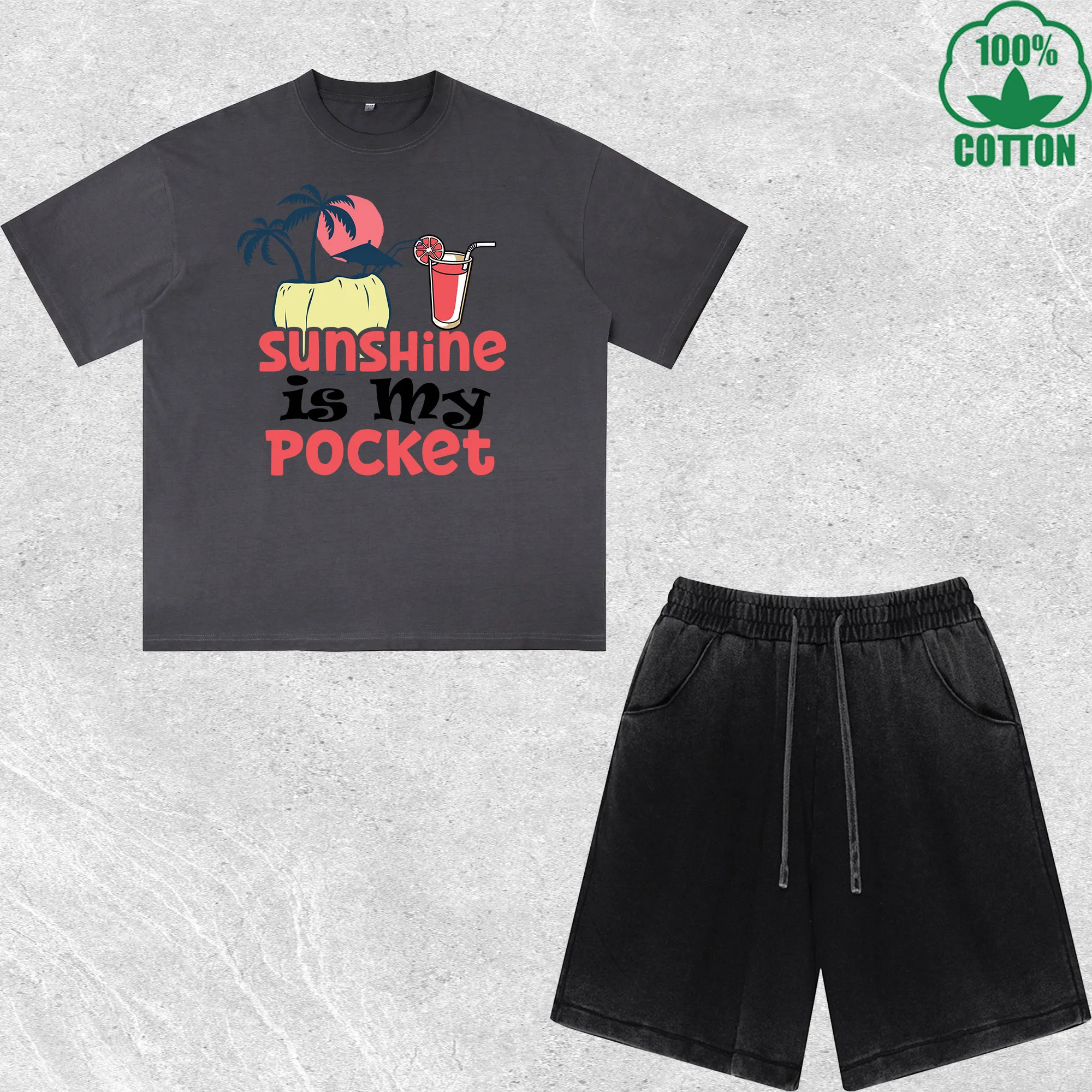 

Sunshine Is My Pocket Printed Dirty Wash T-Shirt Shorts Set Combo Loose Trendy Fashionable 100%Cotton Black Suit
