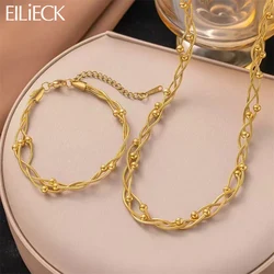 EILIECK 316L Stainless Steel Metal Gold Color Bead Winding Chain Necklace Bracelets Set For Women Trendy Waterproof Jewelry Gift