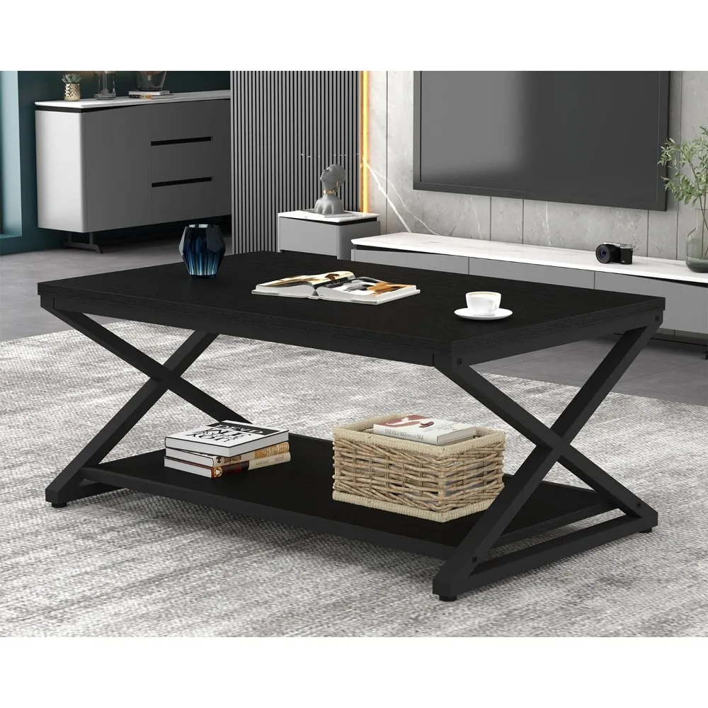 Black Coffee Table with Storage Shelf, Modern Metal Wood Living Room Table, Simple 2 Tier Rectangle Center Table