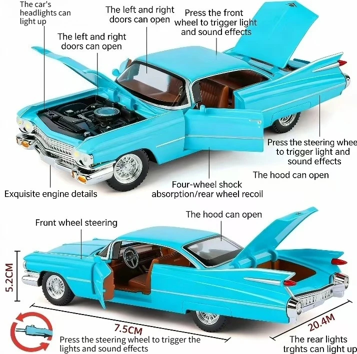 1/24 Cadillac Eldorado Simulated Alloy Toy Car with Sound, Light & Pull-back Function