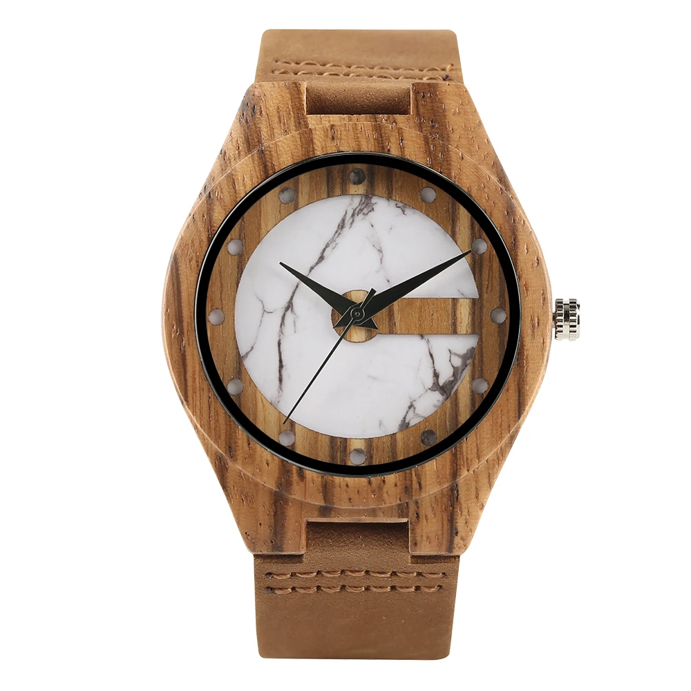 Unique White/Green Display Zebrawood Quartz Men's Watches Brown Genuine Leather Casual Stylish Male Wristwatch reloj