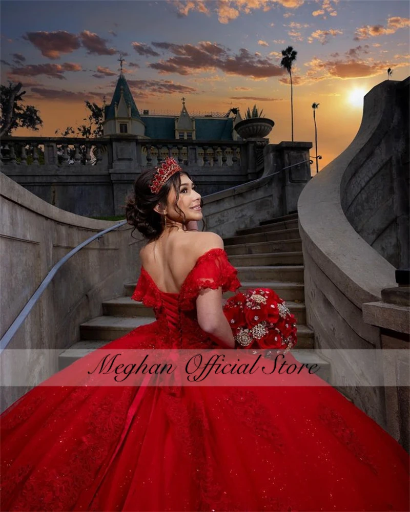 Red Off The Shoulder Quinceanera Dress 2024 Beaded Prom Dress Ball Gown Appliques Puffy Tiered Luxury Sweet 16 15 Customized