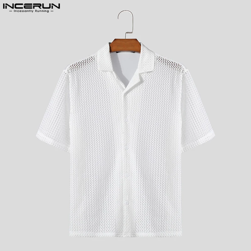 2024 Men Shirt Solid Lace Hollow Out Transparent Lapel Short Sleeve Camisas Streetwear Summer Fashion Men Clothing INCERUN S-5XL