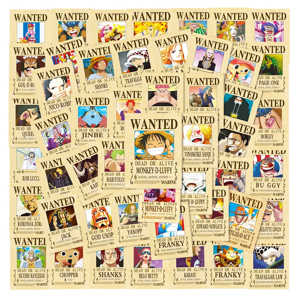 

10/50Pcs New One Piece Wanted Poster Stickers Anime Decal Skateboard Fridge Phone Laptop Suitcase Stickers Children Gift Toy