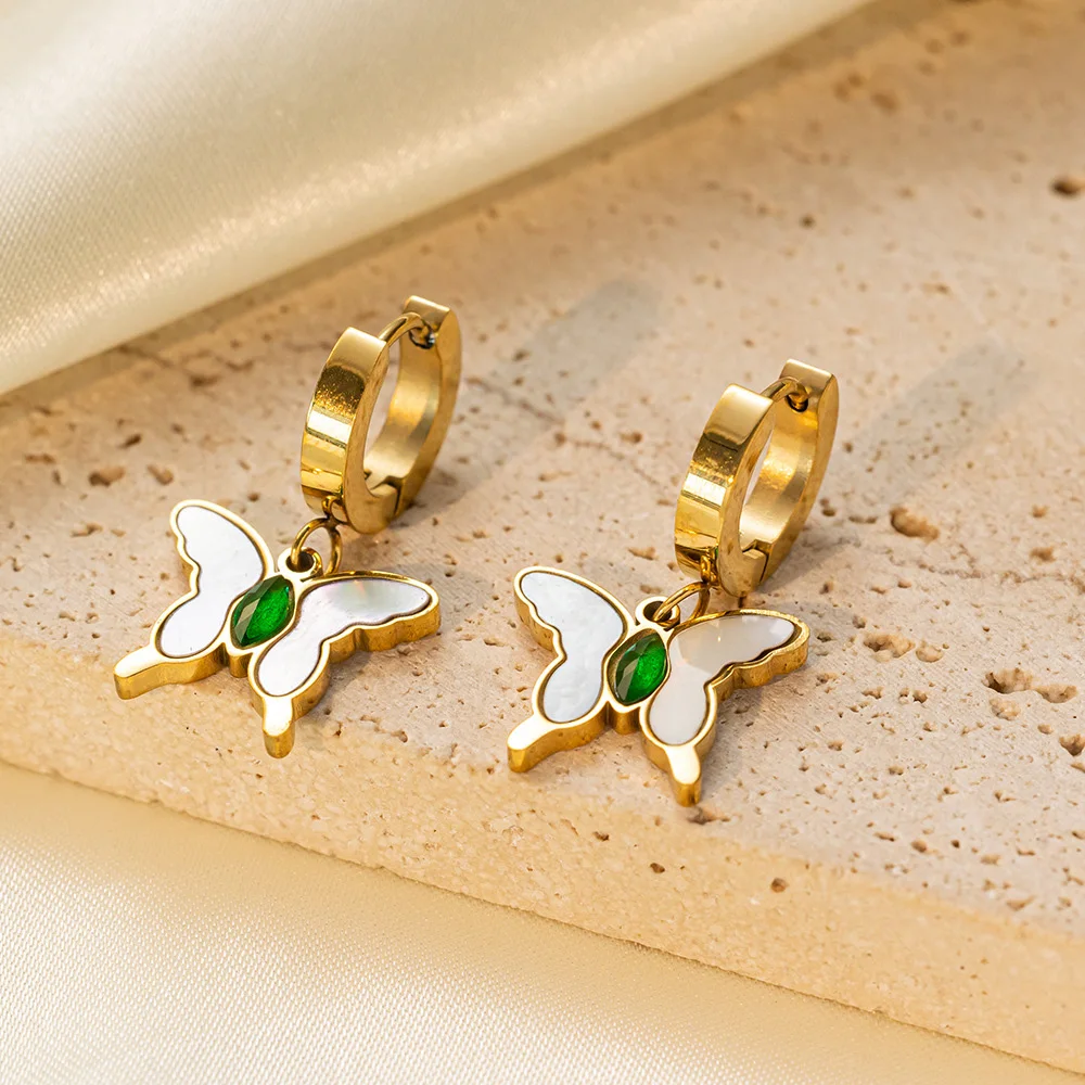 Golden Shell Butterfly Earrings 18k Gold Plated Stainless Steel Emerald Earring Jewelry Accessories Wedding Gift for Girlfriend