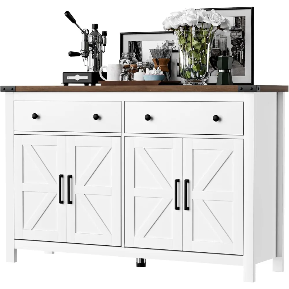 Sideboard Buffet Cabinet with Storage, Coffee Bar Cabinet with 2 Drawers and 4 Barn Doors, Long Storage Cabinet Modern Farmhouse