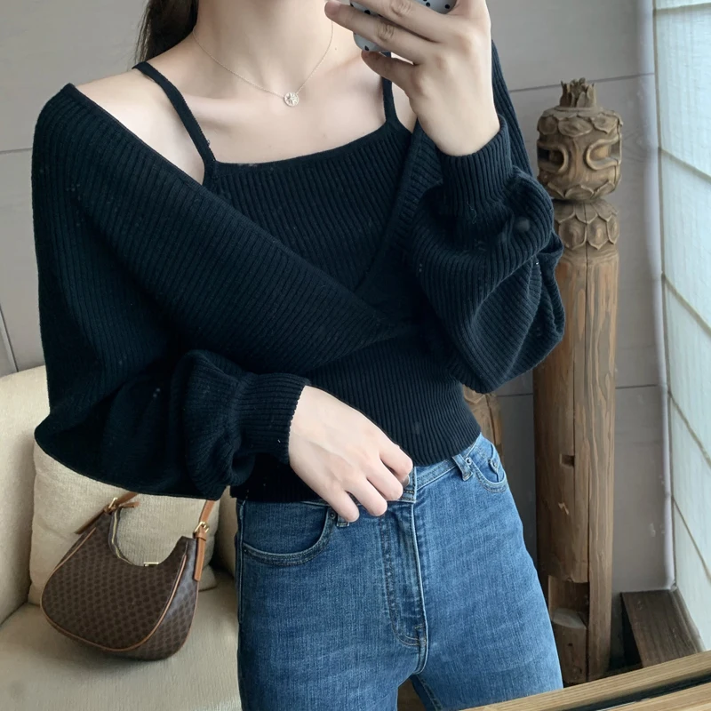 Autumn Fake Two-Piece Sweater Women Knitted Solid Slim Long-Sleeved Pullover Fashion Casual Sweet Pretty Style Female Tops