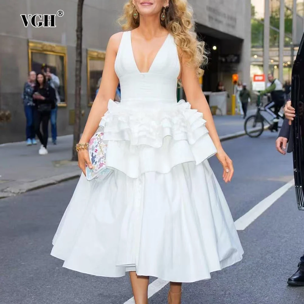 

VGH Elegant Romantic Spliced Tiered Evening Dresses for Women V Neck Sleeveless High Waist Formal Party Dress Female Clothing