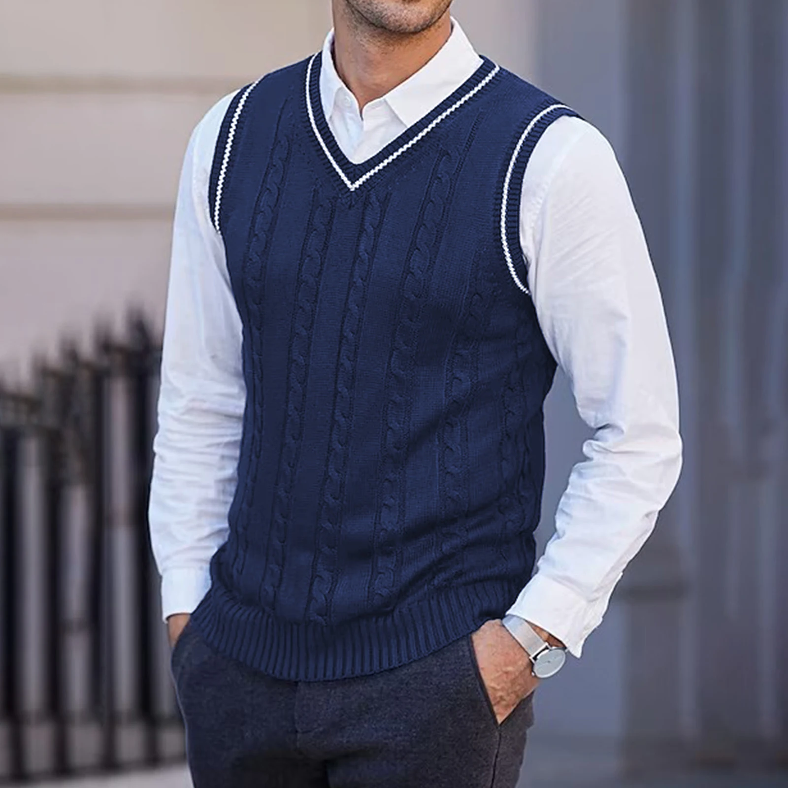 

Men's Sweater Vests Casual Stylish Contrast Color Trim Ribbed Trim Sleeveless V Neck Knit Tops