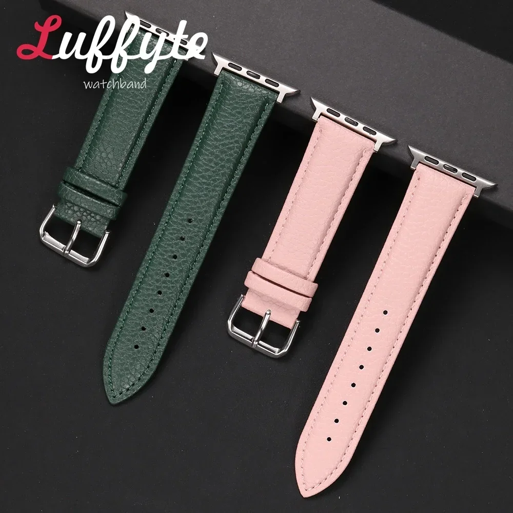 Lichee Pattern Leather Watch Straps for Apple Watch Band 49 46 45 44 42 41 40 38mm Bracelet for IWatch Series 1-10 SE Ultra 2