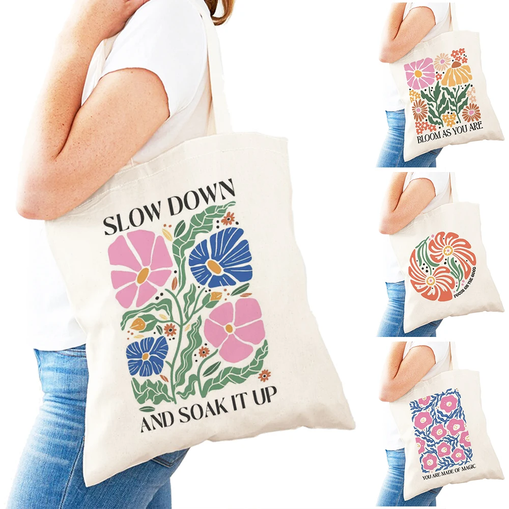 

Casual Flower Girl Daily Use Handbag Lightweight Love Lady Shopper Bag Double Print Floral Vase Women Shopping Tote Bags