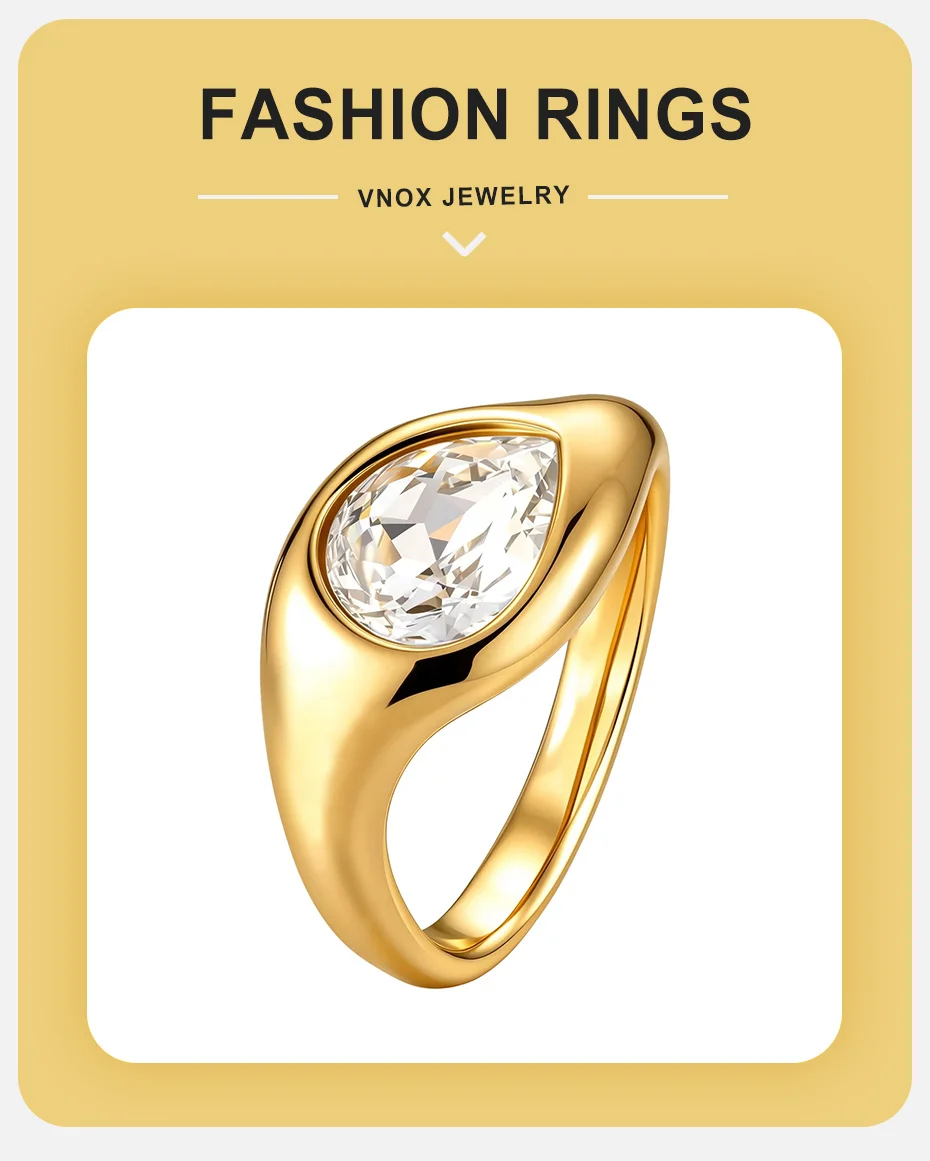 Vnox Eleganter Wassertropfen-CZ-Ring für Damen, Edelstahl, vergoldet, AAA-glänzender Zirkonia-Statement-Ring, Alltagsschmuck – Detail 1