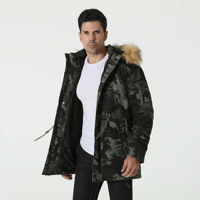 New winter menswear with fleece thick coat men's hooded camouflage cotton-padded jacket medium long cotton-padded jacket