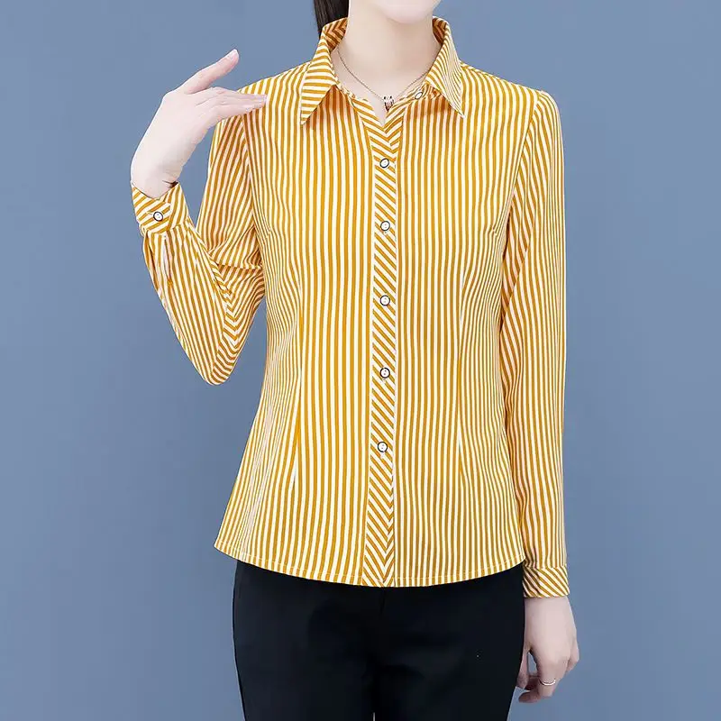 Spring Autumn Classic Striped Elegant Long Sleeve Chiffon Button Up Shirts Women Korean Fashion Lapel Slim Ladies Tops Blouses