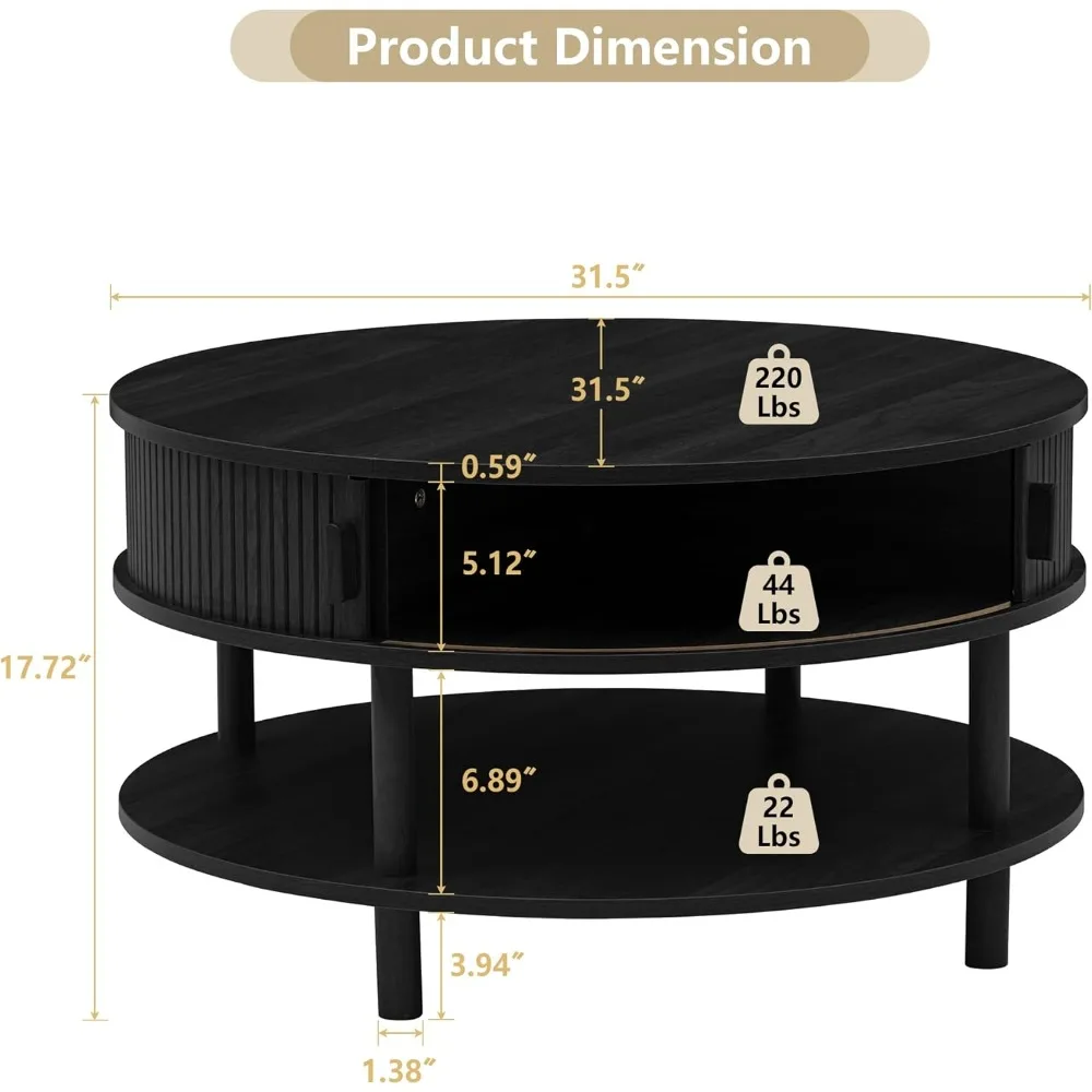 Mid Century Modern Round Coffee Table with Storage and Tambour Sliding Door, 2 Tier Design, Solid Wood Legs and Fluted Detail