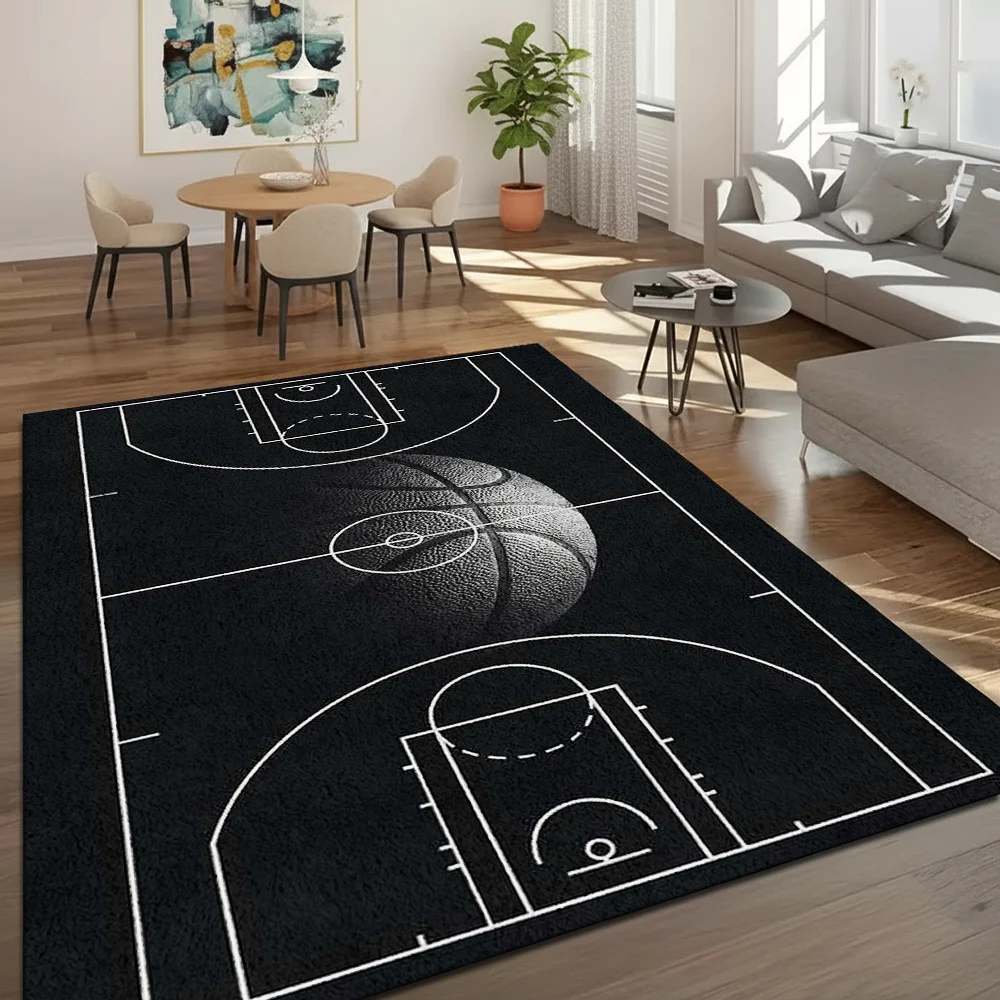 1pc Vintage Basketball Court Pattern Velvet Rug, Modern Minimalist White Tone, Machine Washable Indoor Decor Rug for Living Room