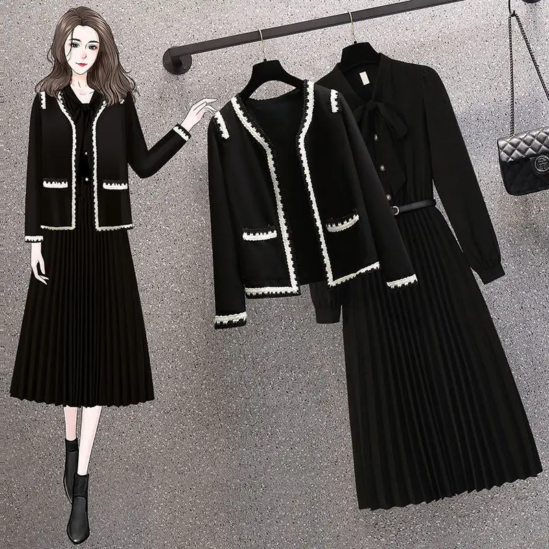 

Women's Fashion Knit Black Short Jacket Midi Dress Two Piece Set Korean Lady Graceful Patchwork Coats Dresses Outfits Outerwear