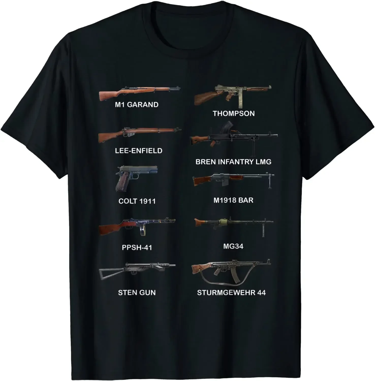 Segunda Guerra Mundial M1 Garand Lee-Enfield Thompson Assault Rifle MG34 ametralladora camiseta 100% algodón cuello redondo manga corta Casual camiseta para hombre