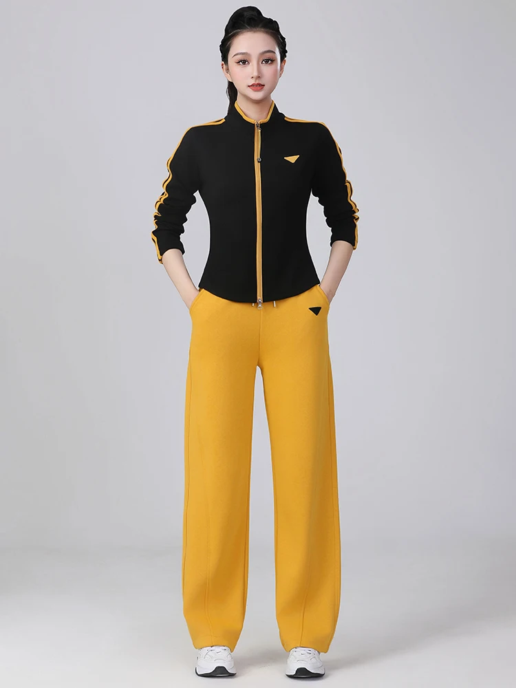 Slimming Fitness Dance Outfit Zipper Long Sleeve Stand Collar Two-Piece Set for Women over 35 Years Old Spring 