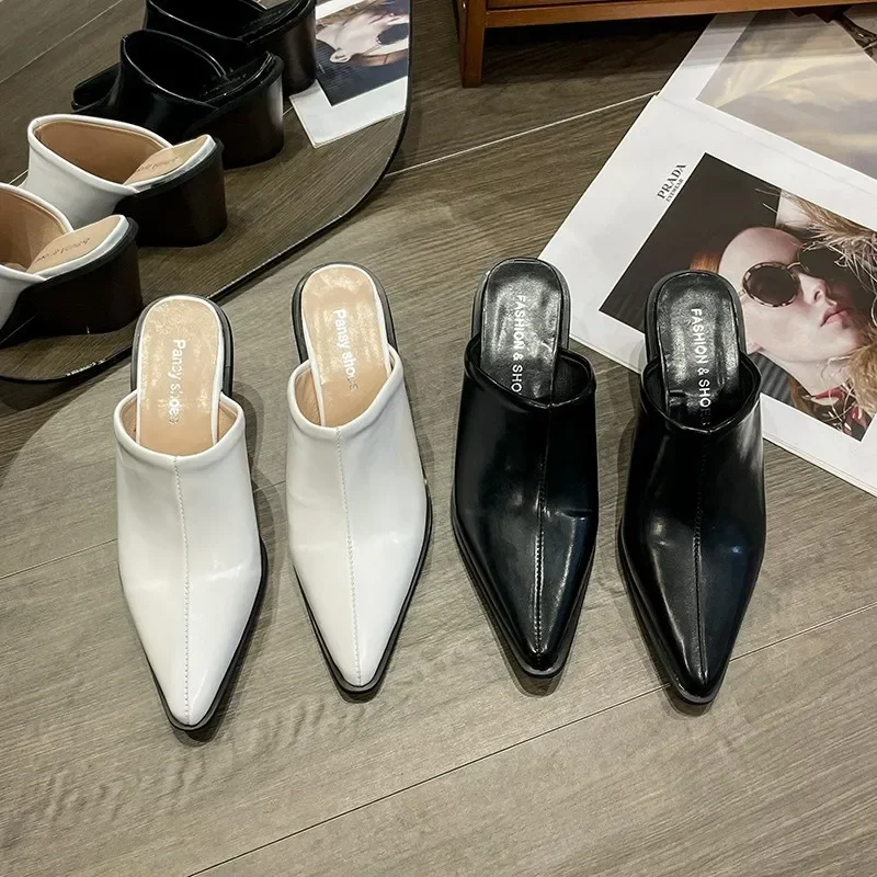 2024 Spring Summer New Slippers Sexy Pointed Toe Slip on Shoes Mules Female Fashion Thick Heel Outdoor Dress Sandals