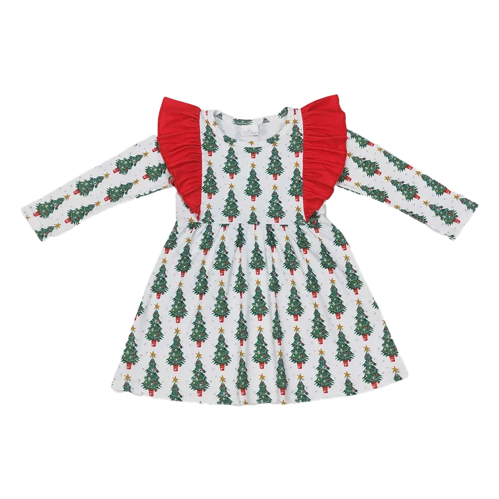 

Baby Girls Christmas Tree Ruffle Long SleeveKnee Length Dresses