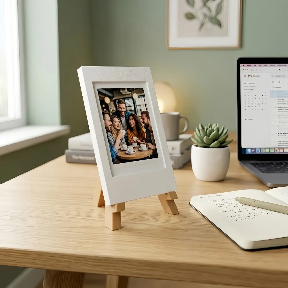 White Mini Instant Photo Frame, Easel Style Desktop Picture Holder, Reusable Photo Display Stand, Desk Decor Gift for Friends