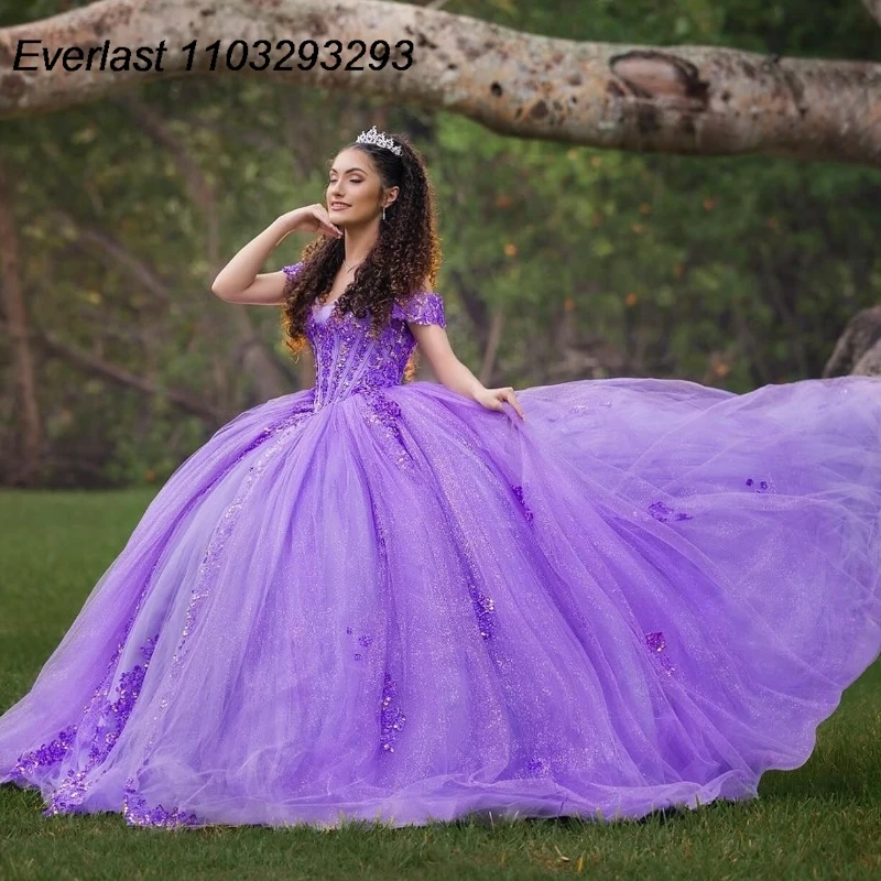 EVLAST personalizado mexicano brillante púrpura Vestido para quinceañeras Vestido De baile Apliques De encaje corsé con cuentas dulce 16 Vestido De 15 Anos E1Q55