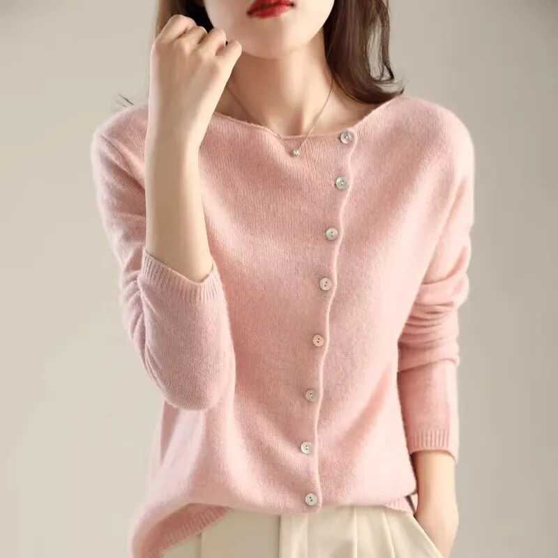 2024Spring and Autumn Single-Breasted Knitted Cardigan Women's Low round Neck Thin Knitted Sweater Outer Tops