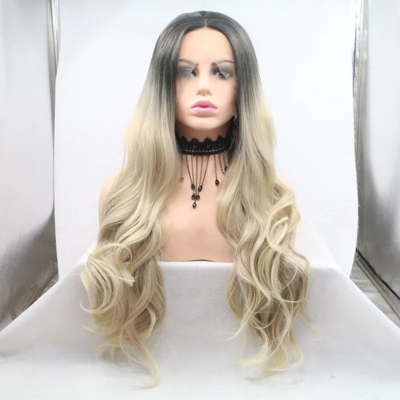

Daily use high-temperature synthetic fiber wig with gradient color, front lace, free-parting long curly hair