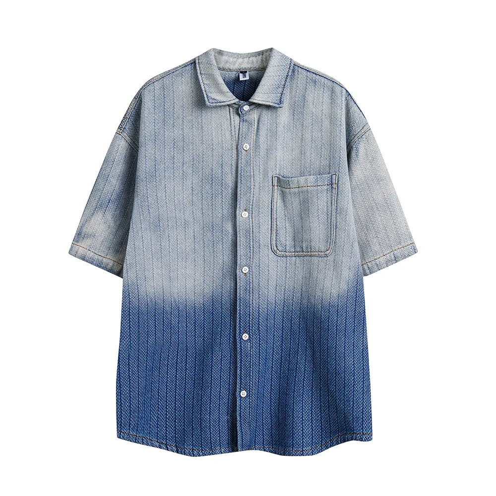 

Tie-Dye Ombre Men's Denim Shirt, Color Blocking Short Sleeve Jeans Shirts Man, Oversized Streetwear Tops