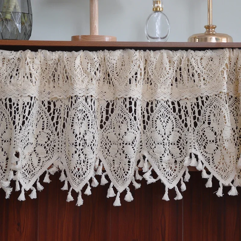 

American Country Crochet Cotton Half Curtain Head Through Rod Door Lintel Cabinet Coffee Curtain Kitchen Short Curtain
