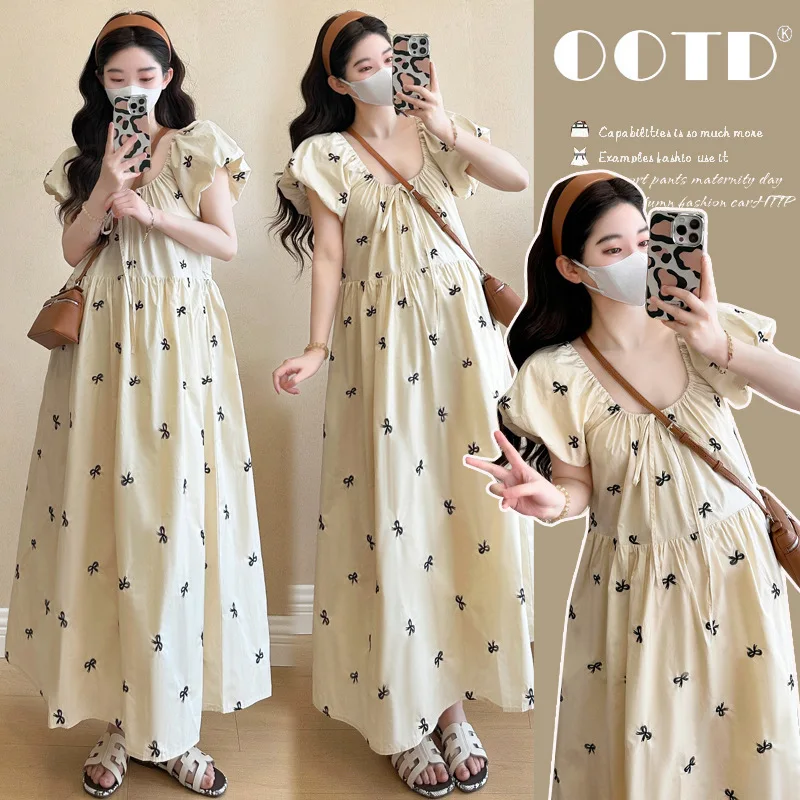 

Summer Maternity Dress New Embroidered Bow Detail Dress High End Style Pregnancy Outfit for Fashionable Expecting Mothers