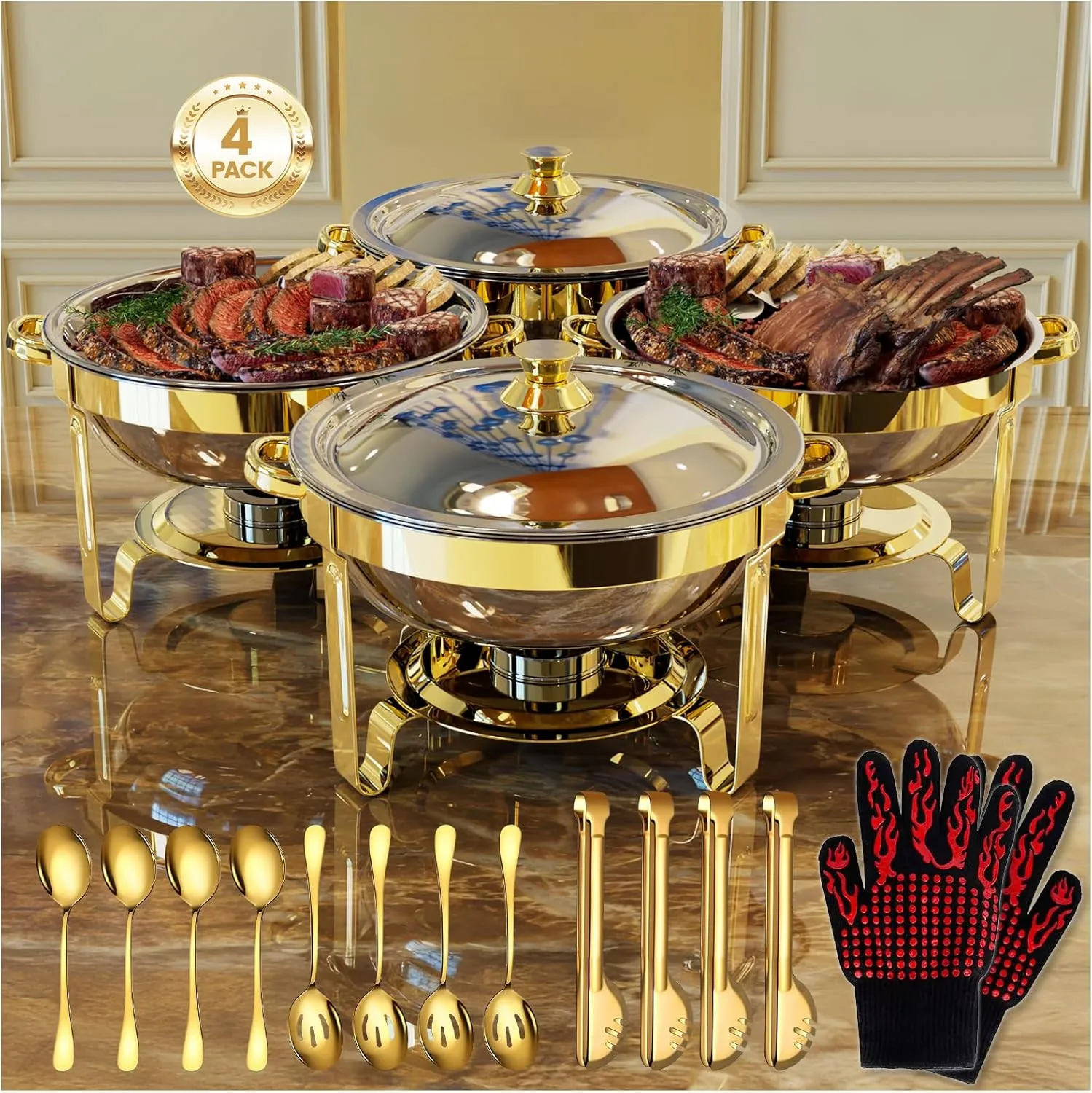 

Round Chafing Dishes for Buffet 4 Pack, 5QT Chafers and Buffet Warmers Sets with