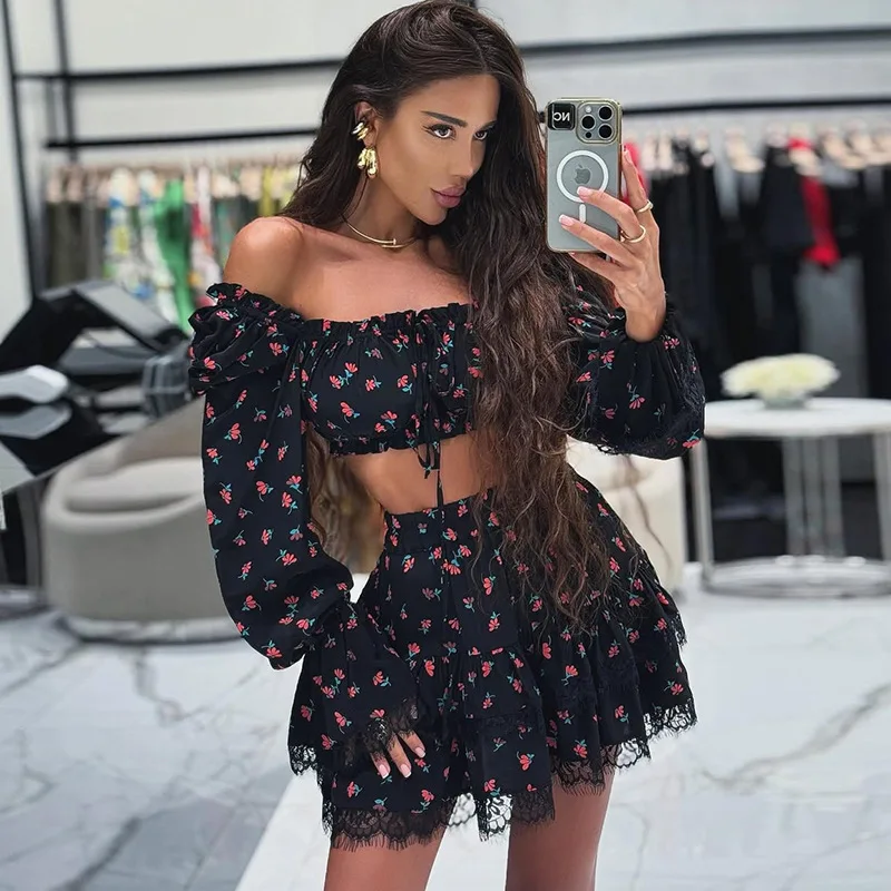 

2025 Summer New Fashion Women's Casual Trendy Floral Printed 2 Piece Sets Strapless Lantern Sleeve Tops Above Knee Length Skirts