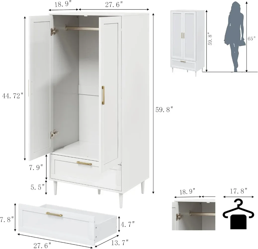 Bedroom Armoire Wardrobe Closet with Hanging Rod,60