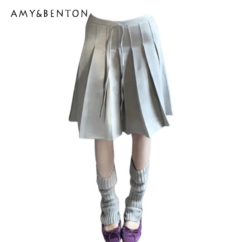 

Original American Retro Gray Lace-up Women's Pleated Skirt 2026 Spring Summer New High-end Loose Fashion A-line Skirts Ladies
