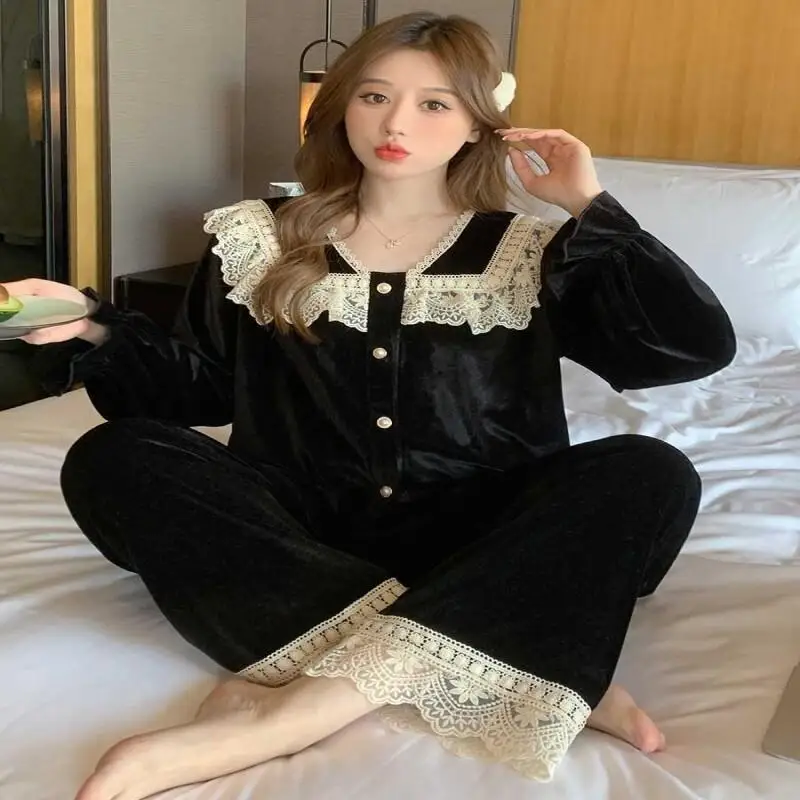 Pajama Set Gold Velvet Lace Lace Suit Light Luxury Pajamas for Women in Spring and Autumn Winter Black Court Style Heat Home